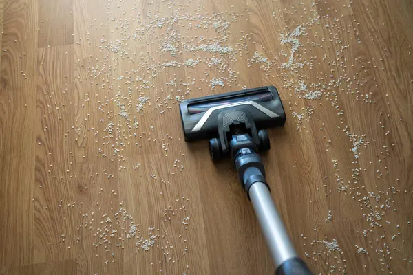 Elektrikli süpürge hortumu dağınık pirinç tanelerini ahşap zemin temizleme, dağınıklık ve ev bakımı konseptinden topluyor..