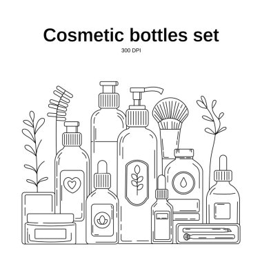Kozmetik ambalaj ve deri kaplarının minimalist siyah beyaz vektör çizimi. Pompa şişeleri, damlatıcılar, krem kavanozları ve makyaj fırçaları gibi çeşitli güzellik ürünleri içerir