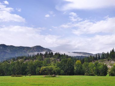 Yeşil ağaçlar ve dağlar arasındaki bulutlar. Yeşil tarla, bulutlu mavi gökyüzü, kayalık tepelerde yemyeşil yeşillik.