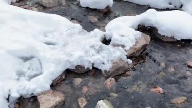 Fırtınalı bir nehir karlı dağlarda sesle akıyor. Kayalar, buz ve temiz su. Yumuşak kamera hareketi
