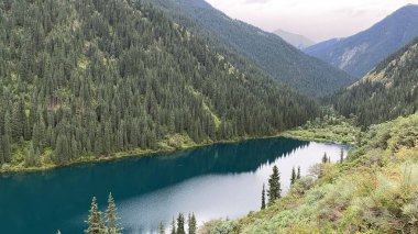 Dağların eteklerinde parlak mavi sularla Kolsay Gölü. Yamaçlarda ve kıyılarda Evergreen Ormanı