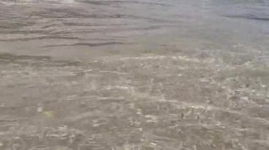 Sakin deniz dalgaları ve berrak su önplanı. Sesli 4k video