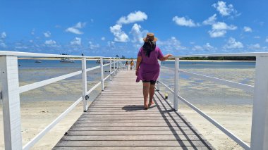 Rüzgarlı saçlı, plaj şapkalı, kumsalda tahta bir güvertede yürüyen siyah bir kadın. 