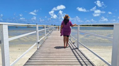 Rüzgarlı saçlı, plaj şapkalı, kumsalda tahta bir güvertede yürüyen siyah bir kadın. 