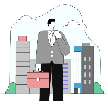 Klasik takım elbiseli, beyaz gömlekli ve kravatlı zarif bir adam. Şehir gökdelenlerinin arka planında duruyor. Elinde bir evrak çantası var..