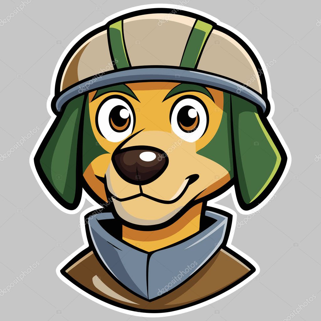 Cheerful Cartoon Dog Soldier in Helmet.
