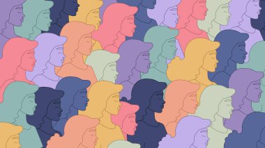 Kadın siluetleri farklı renklerde. Gökkuşağı renkli kadınlar kürek çekiyor. Kadın çeşitliliği ve kendine güven kavramı. Kadın geçmişi. Kadınların gücü..