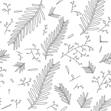 Yapraklı, kusursuz bir desen. Botanik kusursuz desen. Siyah ve beyaz botanik desenleri. Sonbahar yaprakları çizgisi çizimi. düzenlenebilir vuruş