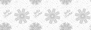 Merhaba kış hatları pürüzsüz desen. Merhaba kış, kar taneli siyah beyaz tabela. Noel ve kış mevsimi kar taneleri pürüzsüz desenlidir. Düzenlenebilir vuruş.