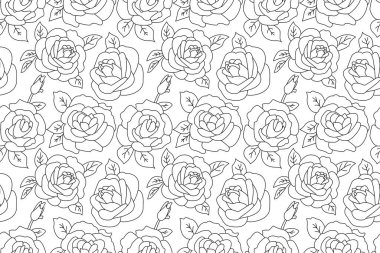 Güllerle kusursuz bir desen. Özet gül arka planı. Siyah ve beyaz gül çiçekleri pürüzsüz desenli. Çiçek çizgisi çizimi.