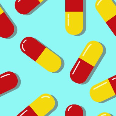 Kırmızı ve sarı haplar. Renkli tıbbi haplar. Tabletler arka planda. Mavi arka planda kapsül deseni. Parlak renkli tıbbi bir illüstrasyon. Tıbbî ilaçlarla kusursuz bir düzen..