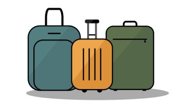 Beyaza izole edilmiş bir dizi seyahat bavulu. Üç renkli bavul. Seyahat çantaları basit bir illüstrasyon. düzenlenebilir vuruş.