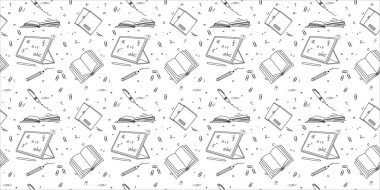 Okula sorunsuz bir şekilde geri döndüm. Elle çizilmiş okul objeleri pürüzsüz desen. Okul geçmişi. Bir defter, tablet, kalem, fotokopi kitapları, kalem, kitap ve klipslerin siyah beyaz çizimi.