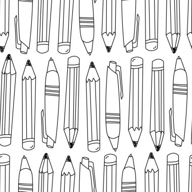Kalemler ve kalemler dikişsiz desen. Kalem ve kalemlerin tasviri. Siyah beyaz bir okul geçmişi var. Yaratıcılık kavramı.