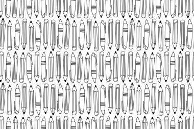 Kalemler ve kalemler dikişsiz desen. Kalem ve kalemlerin tasviri. Siyah beyaz bir okul geçmişi var. Yaratıcılık kavramı.