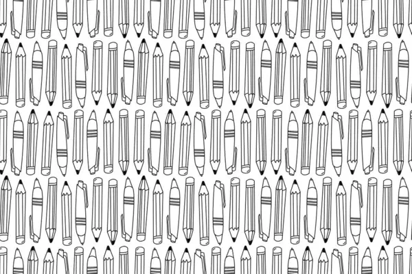 Kalemler ve kalemler dikişsiz desen. Kalem ve kalemlerin tasviri. Siyah beyaz bir okul geçmişi var. Yaratıcılık kavramı.