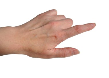 Beyaz bir arka planda izole edilmiş, elini gösteren bir kadın. Bir kadının eli parmağıyla işaret ediyor..
