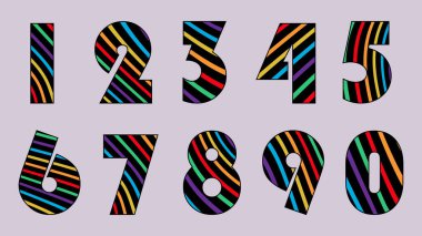 Renkli vektör çizgili sayılar kümesi. Parlak eğlenceli numaralar koleksiyonu.