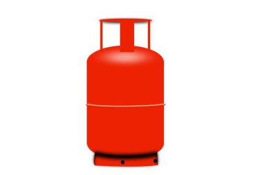 Beyaz arka planı olan Hint doğalgazı silindiri. Kırmızı paslı eski gaz silindiri 3D sanat eseri. Bu silindir pişirme amaçlı yakıt içeriyor.