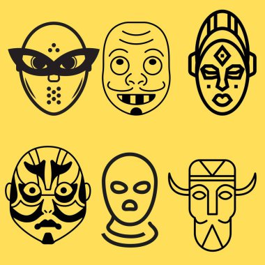 Maske ve maske işaretinin vektör çizimi. ağ için maske ve ağız sembolü seti.