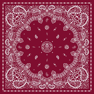 Kırmızı bandana baskısı. Süslü çiçekli desenli bandana. Üzüm üzümlü şarap üzümlü üzüm yapraklı bandana. Vektör illüstrasyonu.