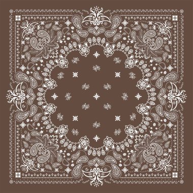 Kahve Bandanna Print, desensiz desenli. Kahve, kahve çekirdekleri, çiçekler, dekoratif geometrik çizgi süsü. Bandana şablonu. İpek boyun eşarbı veya kare desenli eşarp tasarımı.