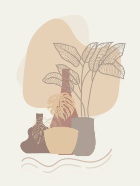 Vazodaki minimalist boho posterlerindeki bir bitkinin vektör çizimi