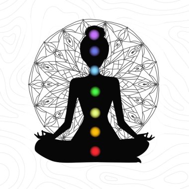 Yogacı kadının insan çakra enerji siluetinin Ayurveda asana çizimi