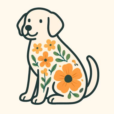 Sarı ve kırmızı çiçekli bir köpek ve bir resim.