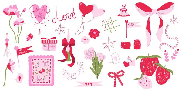 Sevgililer Günü vektör elemanları büyük küme. Kalpler, yaylar, mumlar, tatlılar, çiçekler, bayraklar, böğürtlenler, balonlar ve diğer süslemeler. Pembe ve kırmızı elle çizilmiş düz stil. Vektör illüstrasyonu