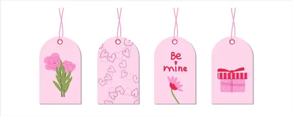 Sevgililer Günü etiketleri. Romantik unsurlar, kalp şekilleri, çiçekler, hediyeler. Sevgililer Günü hediye kartı, hediye kutusu, alışveriş amblemleri. Pembe ve kırmızı renkli vektör illüstrasyonu