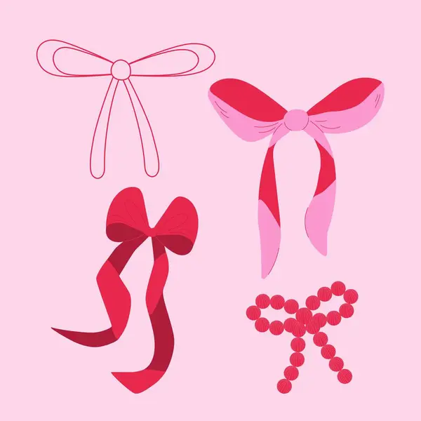 Sevgililer Günü 'nde küçük pembe ve kırmızı fiyonklar. Şirin romantik unsurlar - saten ve boncuklu fiyonklar. Pembe arkaplan ile vektör illüstrasyonu