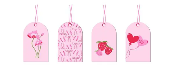 Romantik unsurların olduğu Sevgililer Günü etiketleri, kalp balonları, çiçekler, fiyonklar, çilekler. Hediye rozeti, hediye kutusu, alışveriş amblemleri. Pembe kırmızı ve renklerle vektör illüstrasyonu