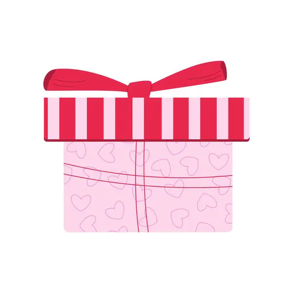 Sevgililer Günü hediye kutusu izole edilmiş. İçinde pembe kalpler, kırmızı fiyonk ve kurdeleler olan hediye kutusu. Beyaz arka planda sevimli ve modern vektör çizimi