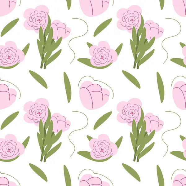 Pembe şakayık çiçekleri pürüzsüz desen. Kumaş, duvar kağıdı ve ambalaj kağıdı için çiçek deseni tasarımı. Beyaz arkaplanda romantik ve sevimli vektör çizimi