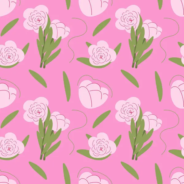 Şakayık çiçekleri pürüzsüz desen. Kumaş, duvar kağıdı ve ambalaj kağıdı için çiçek deseni tasarımı. Pembe arka planda romantik ve sevimli vektör çizimi
