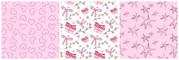 Kalpler, hediye kutuları, yaylar, yapraklar ve pembe ve kırmızı renk temalı yıldızlardan oluşan kusursuz desenler. Tatil ambalaj kağıdı. Hediye baskısı ve kumaş için şölen deseni. Vektör İllüstrasyonu