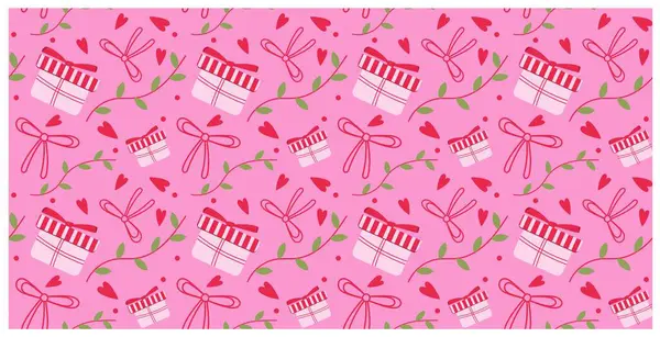 Pembe arka planda hediye kutuları, yaylar, kalpler ve çiçeklerle kusursuz sevgililer günü şablonu. Renkli romantik tatil dokusu, mevcut konsept, duvar kağıdı, hediye baskısı. Vektör illüstrasyonu