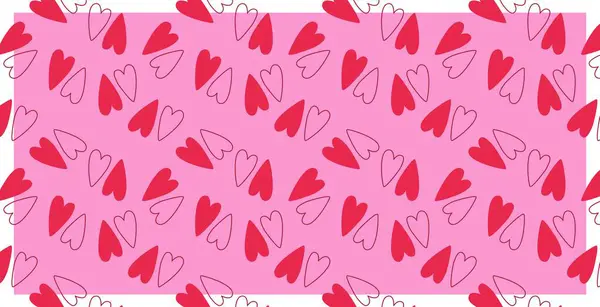Kırmızı kalp, pembe arka planda pürüzsüz desen. Romantik, çocuksu bir vektör çizimi. Hediye kâğıdı, ambalaj, duvar kâğıdı, kıyafet, tekstil baskısı. Sevgililer Günü için arkaplan dokusu