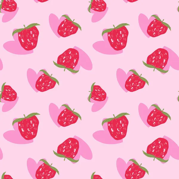 Pembe kalpli, pürüzsüz kırmızı çilekler. Şirin, romantik vektör çizimi. Hediye kâğıdı, ambalaj, duvar kâğıdı, kıyafet ve tekstil için dut baskısı. Sevgililer Günü için arkaplan dokusu