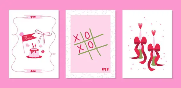 Sevgililer Günü kartları: kalp, yay, mum, şeker, bayraklar, XOXO ve böğürtlenli modern tasarımlar. Minimalist ve elle çizilmiş düz stil kartpostallar. Vektör illüstrasyonu