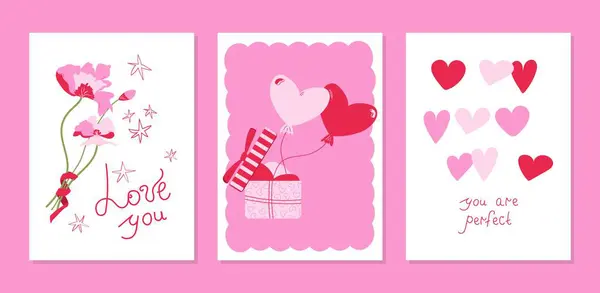 Sevgililer Günü kartları: kalp şekilli modern tasarımlar, balonlar, çiçekler, yıldızlar ve harfler. Elle çizilmiş minimalist kartpostallar. Kırmızı pembe renkli vektör illüstrasyon posteri