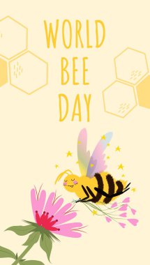 Dünya Arı Günü vektör illüstrasyonunda şirin arı, çiçek, bal peteği. Pankart, poster, web, el ilanı, davet için dikey şablon kavramı