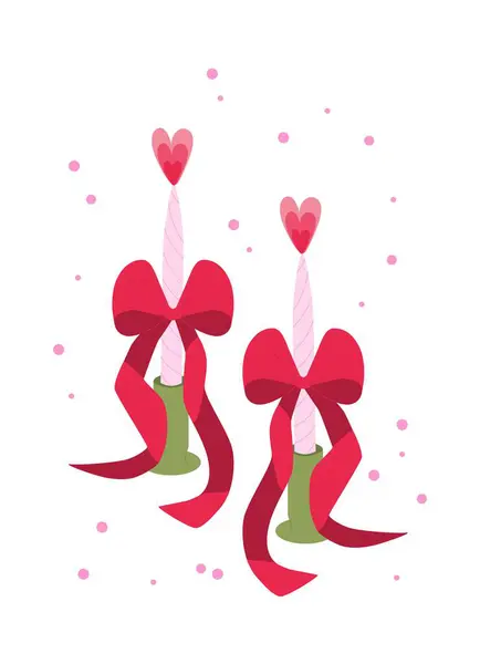 Sevimli mumları, kalpleri ve büyük kırmızı fiyonkları olan sevgililer günü kartı. Tatil kartpostalı, minimalist pankart ve elle çizilmiş düz stil. Vektör illüstrasyonu