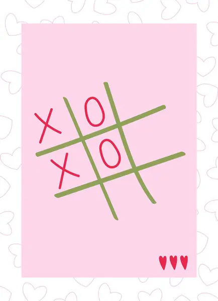 XOXO ile Sevgililer Günü tebrik kartı. Kırmızı ve pembe kalp şekilli Tic-Tac-Toe vektör çizimi, yeşil şebeke. Tatil kartpostalı, minimalist pankart ve elle çizilmiş pembe arka plan tarzı.