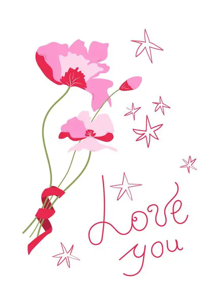 Sevgililer Günü tebrik kartı. Haşhaş çiçekleri, yıldızlar ve harflerle modern tasarımlar. Minimalist elle çizilmiş düz bir kartpostal. Vektör illüstrasyonu