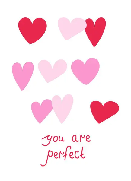 Sevgililer Günü tebrik kartı farklı kalp şekilleri ve harfleri olan modern tasarımlar. Minimalist elle çizilmiş düz bir kartpostal. Pembe ve kırmızı renkli vektör illüstrasyon posteri