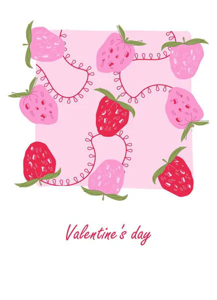 Sevimli el yapımı çilekler ve soyut elementlerle Sevgililer Günü kartı. Tatil kartpostalı, minimalist düz stil pankart ve tipografi. Vektör illüstrasyonu
