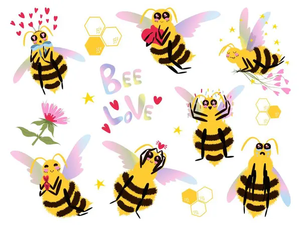 Bir çift mutlu arı. Farklı pozlarda gökkuşağı renkli kanatları olan tüylü arı dışavurumcu karakterler. Tuhaf ve stilize vektör çizimleri. Kalpleri, yıldızları, çiçekleri ve bal peteği olan sevimli böcekler.