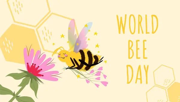 Dünya Arı Günü vektör illüstrasyonunda şirin arı, çiçek, bal peteği. Pankart, poster, web, broşür için yatay şablon kavramı